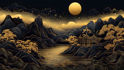 Traditional Chinese landscape painting with black gold theme