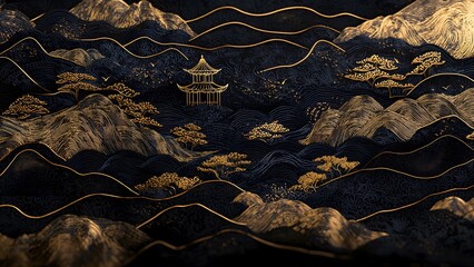 Traditional Chinese landscape painting with black gold theme