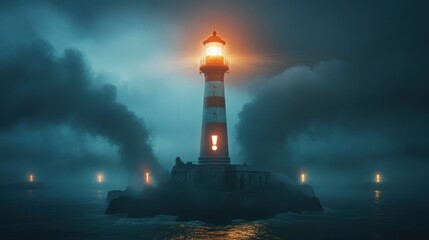 Fototapeta premium A dramatic exclamation mark lighthouse radiating light over a dark economic landscape, symbolizing guidance during a financial crisis