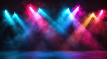 Naklejka premium A dramatic scene of colorful fog illuminated by intersecting spotlights, creating a striking visual contrast against the dark