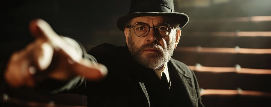 Professor pointing finger in theater or lecture hall accusing someone