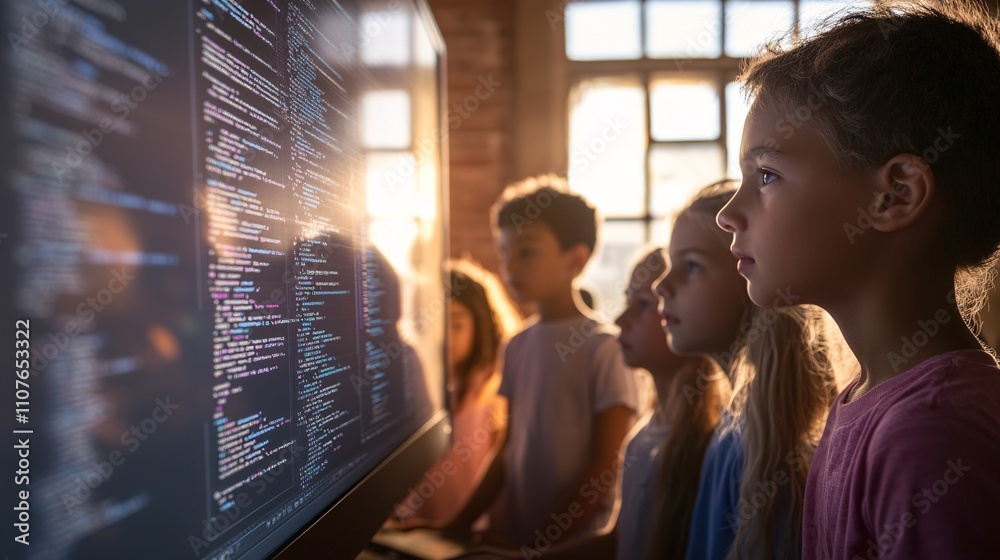 Poster Diverse group of elementary school students learning programming code on computer