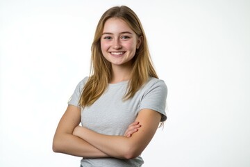 Fototapeta premium Happy young woman standing with her arms crossed isolated a white background