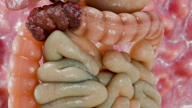 Colorectal cancer, malignant tumor in intestine, Endoscope inside colonoscopy, gut intestine, Colon polyp removal, colonic polyps search, Polypectomy, intestinal carcinoma, bowel neoplasia, 3d render