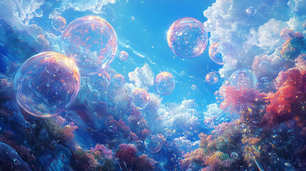 Fototapeta premium Surreal floating bubbles in a vibrant dreamy sky