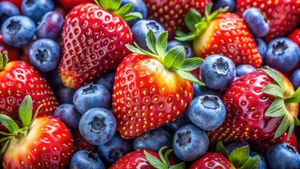 Fototapeta premium A vibrant display of ripe strawberries and blueberries, showcasing the natural beauty and contrasting colors of these summer fruits.