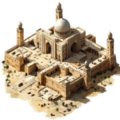 Isometric view of a grand mosque in a desert setting.