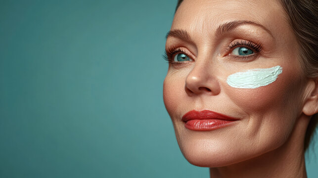 Mom doing a quick skincare routine in the morning, A confident woman applying skincare treatment, showcasing beauty and self-care. Emphasizes healthy skin and personal grooming.