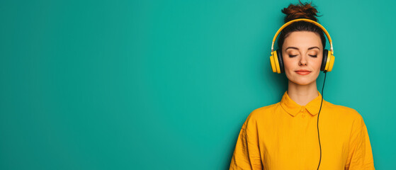 Mother listening to a podcast with headphones while cooking, A woman in a yellow shirt enjoys music with yellow headphones, embodying a relaxed and vibrant lifestyle against a teal background.