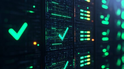 A futuristic data center with illuminated servers, featuring green checkmarks indicating successful operations or validations.