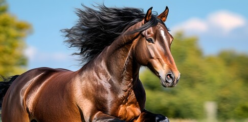Obraz premium A majestic horse running freely in a natural setting, showcasing its beauty and grace.