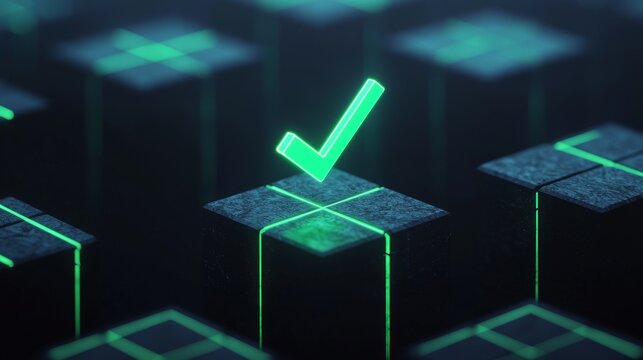 A glowing green check mark stands out on a dark, grid-like background, symbolizing completion or approval in a digital context.