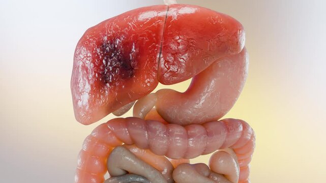 Digestive Organ Liver Cancer, Hepatitis cirrhosis malignant tumor, Hepatic failure, growing cells, duplicating, Fibrosis, Cirrhosis, Hepatocellular carcinoma, Virus infected liver, Human, 3d render