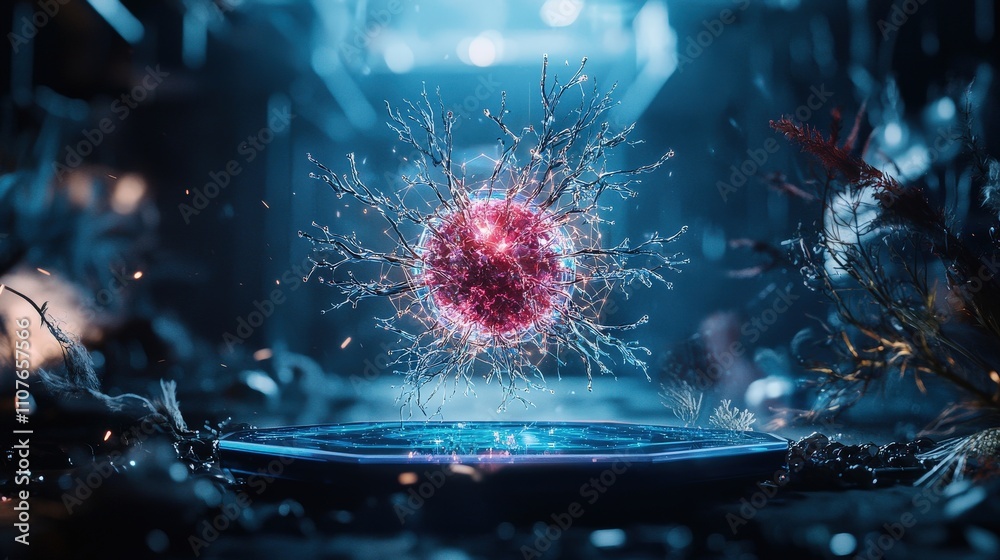 Aufkleber holographic display of energetic sphere futuristic lab digital art sci-fi environment dynamic perspe