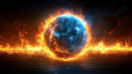 Obraz premium Blazing planet surrounded by cosmic flames and energy waves