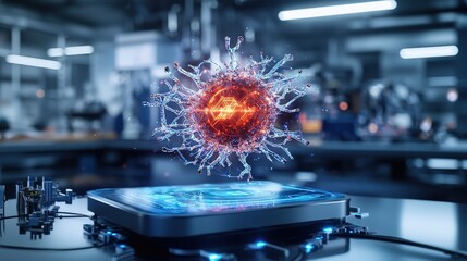 Futuristic atomic energy holographic display in high-tech lab an innovative industrial digital art concept
