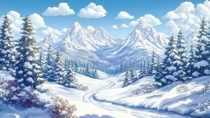 Winter landscape background with snow covered path with tracks in the middle of a pine forest with mountains in the background. Cartoon digital art concept in anime style