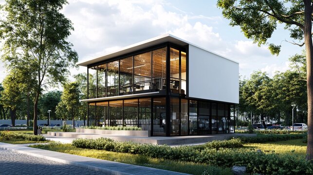 Concept of a small office building with visuals of contemporary design elements, efficient space utilization, and professional appearance