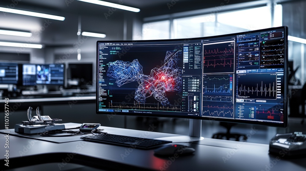 Poster Futuristic health monitoring dashboard high-tech office data visualization modern workspace overhead view health insights