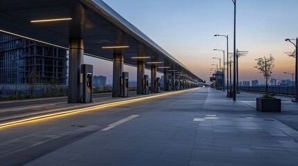 Futuristic electric vehicle charging lanes urban highway transportation infrastructure modern city dawn sustainable mobility