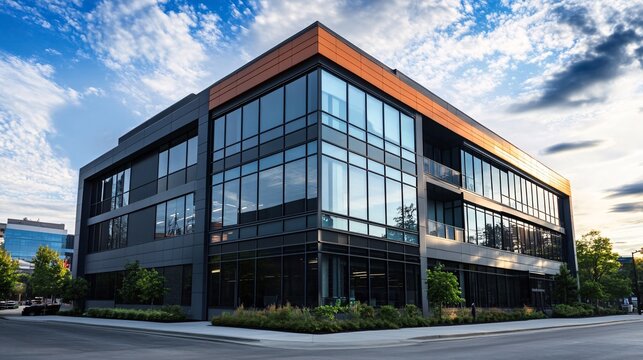 Image of a small office building with emphasis on contemporary design, functional layout, and professional aesthetics for effective business use