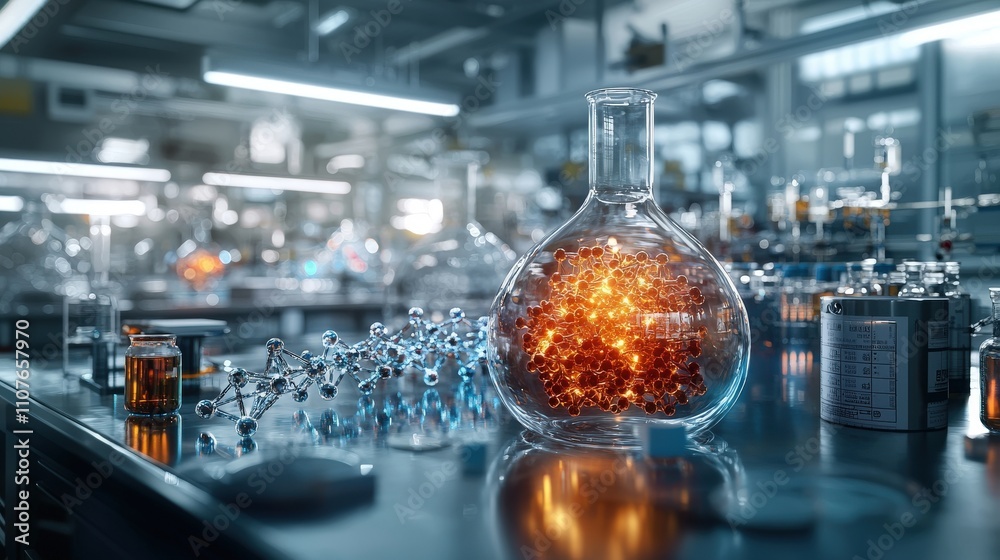 Poster Innovative science experiment laboratory visual art modern environment close-up molecular discovery and creation