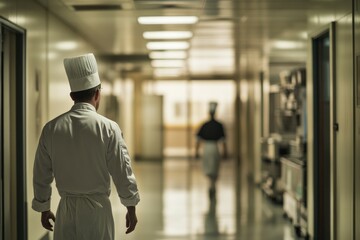 The chef walks through the halls of the community, moving like slow motion