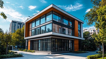 Fototapeta premium Image of a small office building with emphasis on modern design, efficient space utilization, and professional aesthetics for business use