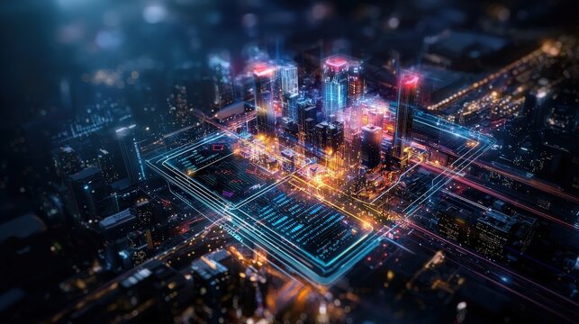 Futuristic holographic cityscape urban environment digital art night view high-tech concept for modern living