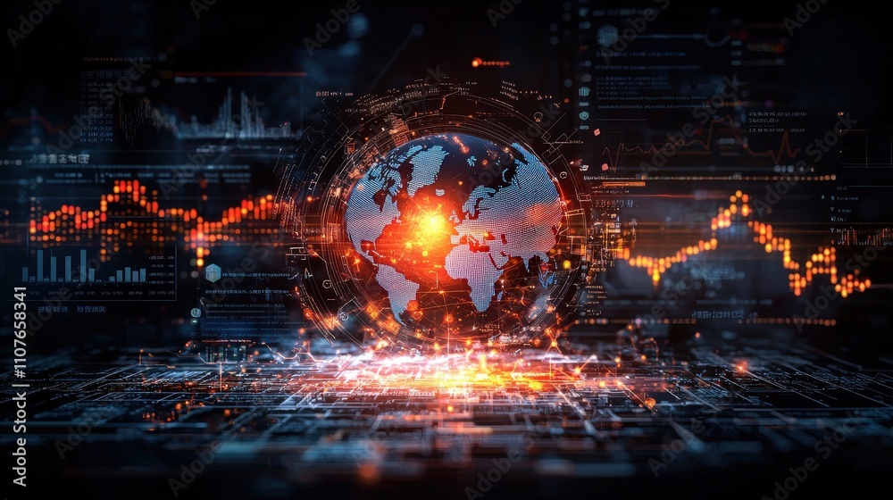 Fototapete Dynamic financial dashboard visualization impacting global economy digital space data analysis high-tech environment