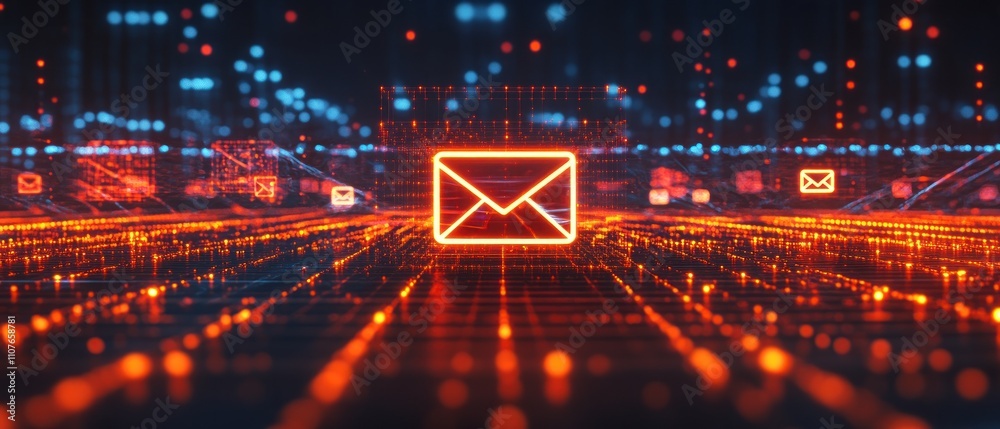 Poster digital representation of communication with a glowing envelope amidst a network of data.