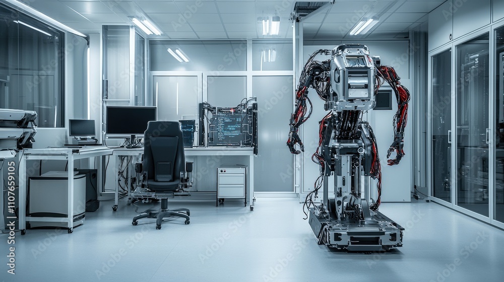 Poster Robot prototype showcase in a minimalist studio technology space futuristic environment modern viewpoint concept