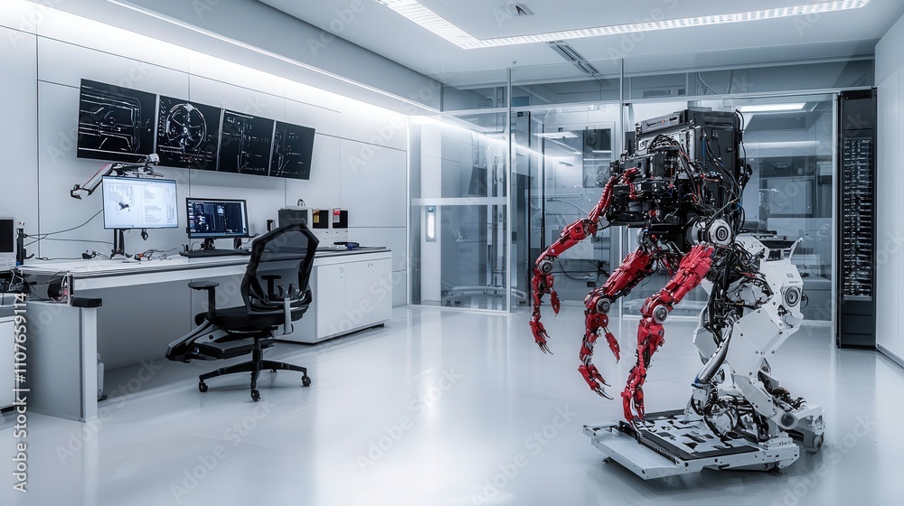 Poster Robotic prototype development advanced robotics lab technology showcase in cleanroom environment