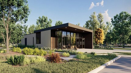 Visualization of a small office building featuring contemporary design elements, efficient space utilization, and professional appearance for business