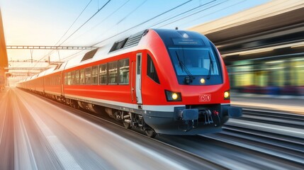 Fototapeta premium A red train speeding along tracks, showcasing modern transportation technology.