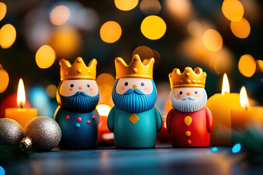 Decorative figurines of three kings celebrating Three Kings Day with candles and holiday lights