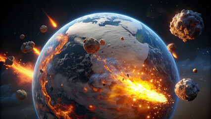 Fototapeta premium A vivid depiction shows Earth surrounded by meteors and asteroids, with fiery trails indicating their descent. The planet faces imminent danger in a captivating cosmic environment
