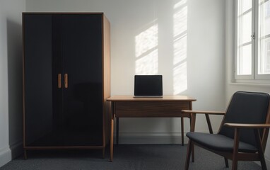 A cinematic, photorealistic view of a modern office desk with a laptop in the center, sitting next to a black and wood wardrobe cabinet. 