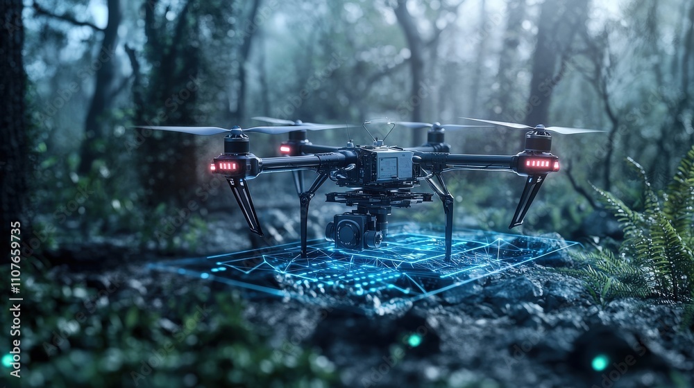 Poster Drone testing event serene forest location digital technology showcase nature environment aerial viewpoint innovation concept