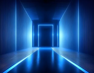 3d render, blue neon abstract background, ultraviolet light, night club empty room interior, tunnel or corridor, glowing panels, fashion podium, performance stage decorations