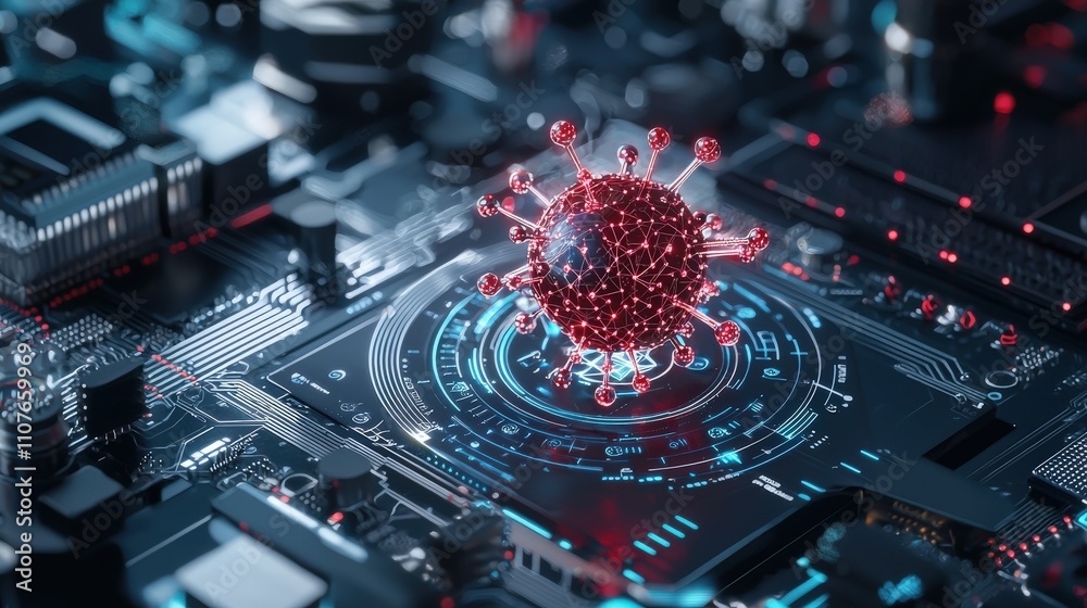 Poster Exploring quantum algorithms a digital artwork depicting virus representation in technology environment