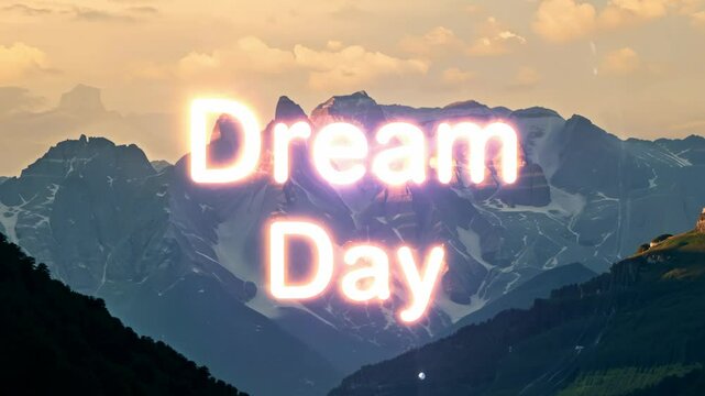 A mountain range with a sign that says Dream Day. The mountains are covered in snow. The sign is in pink and white