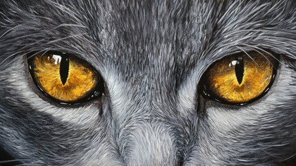 A close-up of the cat's gray eyes reflecting the light, capturing its intensity and detail.