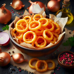 Crispy onion rings piled high in a wooden bowl, surrounded by fresh onions and spices