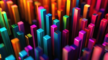 Obraz premium A vibrant, abstract representation of colorful vertical bars resembling a digital landscape.