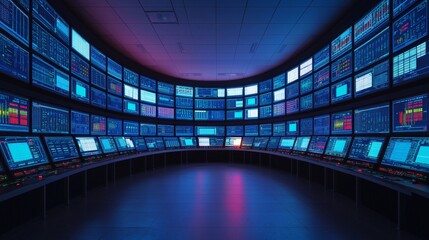 A futuristic control room filled with glowing screens displaying data, creating a high-tech atmosphere in a dark environment.