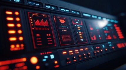 Obraz premium A futuristic control panel with vibrant red and blue lights displays various data metrics and visualizations in a sleek design.
