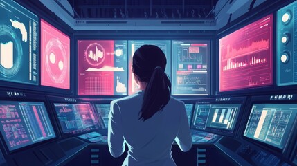 In a futuristic control room, a woman with long hair stands before a series of glowing screens displaying data and visualizations. She focuses intently on the information, dressed professionally.