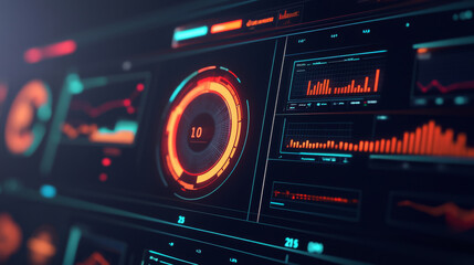 Obraz premium A digital dashboard displaying various metrics and analytics with vibrant colors, featuring graphs, gauges, and numerical data.