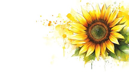 Watercolor sunflower with yellow splashes on white.